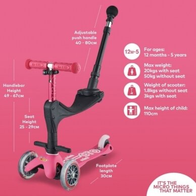 Scooter Mini Micro 3in1 Deluxe Plus Pink LED 10