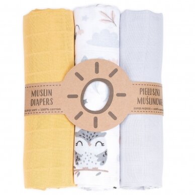 Diaper muslin Owls 3 pcs. 80x80 cm + sponge 1