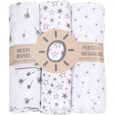 Diaper muslin Stars/Dandelion 3 pcs. 80x80 cm + sponge