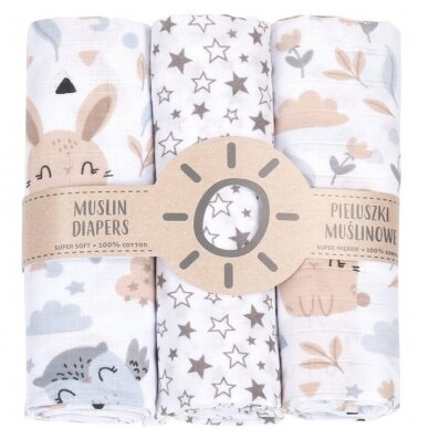 Diaper muslin Owl /Star 3 pcs. 80x80 cm + sponge